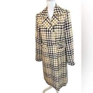 Perry Ellis Vintage Houndstooth Long Coat Double Breasted cream Trench jacket 8